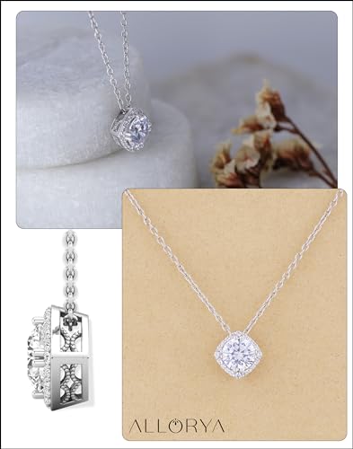 White Diamond or Cubic Zirconia Cushion Frame Halo Pendant | 1.00 Ctw | Center Round Lab Grown 18 inch Silver Chain | Women | 925 Sterling Silver - style: Lab Grown White Diamond