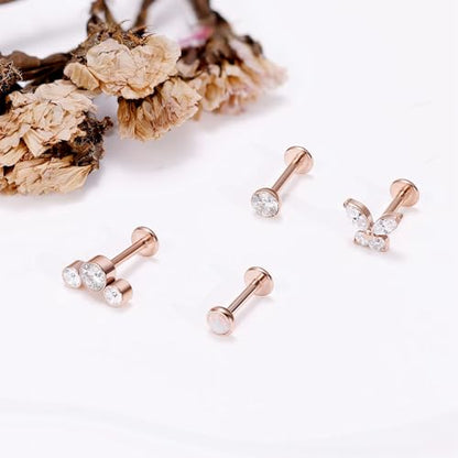 NICEIGHT 4Pcs 16G G23 Titanium Threadless Push in Labret Monroe Studs Lip Rings Hypoallergenic Cartilage Stud Earrings for Sensitive Ear Flat Back Stud Helix Tragus Conch Piercing Jewelry 6/8/10MM - color: Rose Gold, size: 10MM