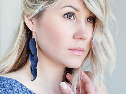 Leather Feather Earrings, Suede layered earrings, boho wedding jewelry, summer earrings, gift for her, dangle earrings - color: dark blue