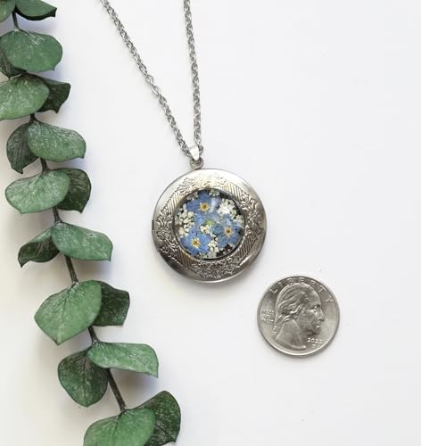 Handmade Oval Shaped Photo Locket with dried Pressed Flowers Locket pendant Necklace - style: Blue ForgetMeNot-Silver