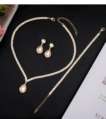 Elegant Silver Crystal Wedding Necklace Earrings Bracelet Jewelry Set for Women Brides Bridesmaids Prom Party Costume Accessory Bridal Jewelry - color: champagne-gold