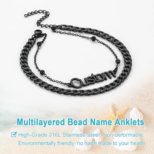 U7 Custom Layered Ankle Bracelets for Women Stainless Steel Bead/Cuban/Figaro/Rope/Wheat Chain Anklet Waterproof Anklet Jewelry for Beach Vacation - color: c-Black-Cuban Chain