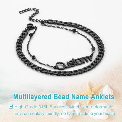 U7 Custom Layered Ankle Bracelets for Women Stainless Steel Bead/Cuban/Figaro/Rope/Wheat Chain Anklet Waterproof Anklet Jewelry for Beach Vacation - color: c-Black-Cuban Chain