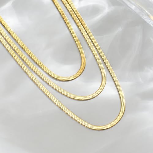 18K Gold Plated Layered Herringbone Necklaces for Women Dainty Layering Beaded Snake Chain Choker Moon Coin Pendant Necklace Trendy Stainless Steel Jewelry - color: Trible Herringbone-Gold