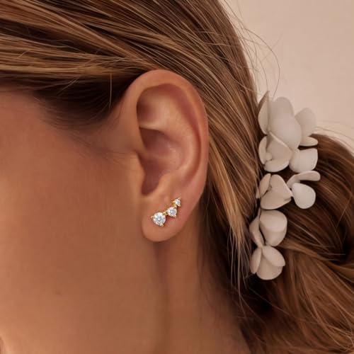 Ear Climber Earrings for Women, 14K Gold Plated/Silver Plated | Crawler Earrings Pierced with Cubic Zirconia, Hypoallergenic Cluster Stud Tragus Conch Daith Cartilage Jewelry Gift for Daily - color: Gold-3