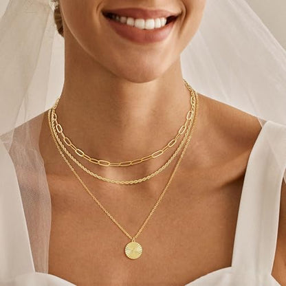 MFRYK Gold Necklaces for Women,14K Gold/Silver Plated Choker Layered Necklace Dainty Pearl Disc Cross Circle Heart Pendant Chain Stackable Necklaces, Multilayer Jewelry Set Gifts for Women - style: 3Layered Disc-GD