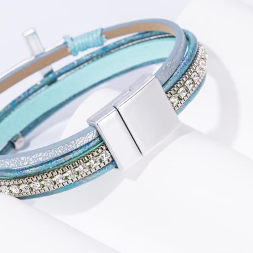 Boho Leather Wrap Bracelets Beaded Stackable Cuff Bracelet Country Concert Outfits Cowboy Cowgirl Western Jewelry Gifts for Women - color: Cross-Teal