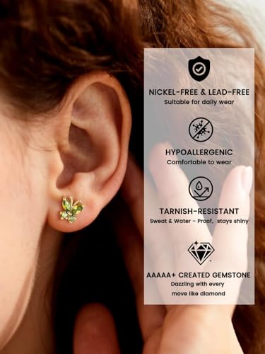 Bestyle Gold Butterfly Earrings for Women, Dainty Cute Birthstone Studs Hypoallergenic Jewelry, Great Birthday Gift - style: August (Peridot)-Gold STUD