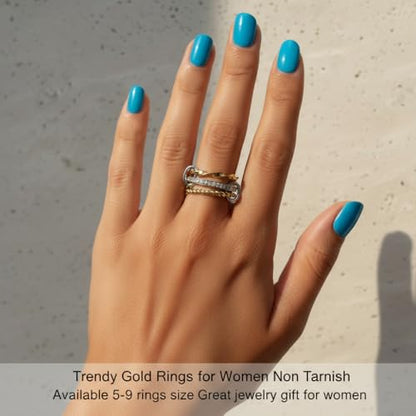 Stackable Rings for Women Non Tarnish Gold Silver Mixed Metal Wedding Band Set Gold Plated Stainless Steel with Cubic Zirconia Dainty Statement Thumb Ring Gift for Christmas Birthday Anniversary Jewelry - style: Radiant Triple Band Ring