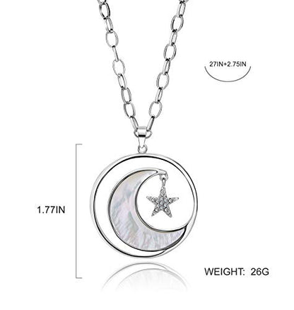 Long Moon Star Shell Pendant Necklace for Women Sweater Layered Y Statement Bohemian Chain Mother Jewelry with Gifts Box - color: SULVER