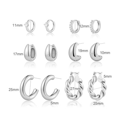 6 Pairs Gold Hoop Earrings for Women, 14K Gold Plated Huggie Hoop Earrings Set Hypoallergenic Lightweight Chunky Open Hoops Jewelry for Gift - color: Silver hoops