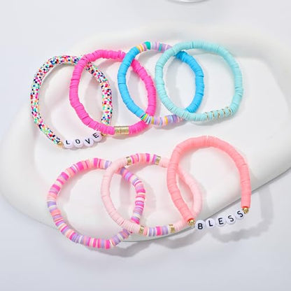 Summer Surfer Heishi Bracelet Set for Women Stackable Gold Plated Clay Ploymer Bead Stretch Pink Beach Layering Bracelets Jewelry - color: B-A4 love 7pcs