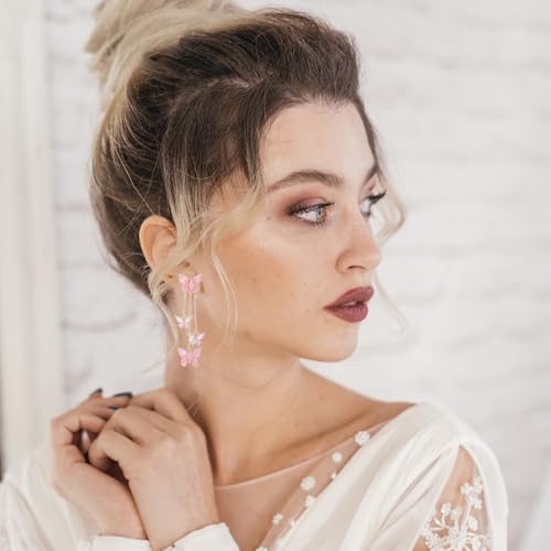 Purple Butterfly Tassel Earrings for Women Crystal Rhinestone Drop Earrings Animal Drop Dangle Charm Earrings - color: D-Pink