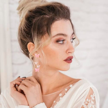 Purple Butterfly Tassel Earrings for Women Crystal Rhinestone Drop Earrings Animal Drop Dangle Charm Earrings - color: D-Pink