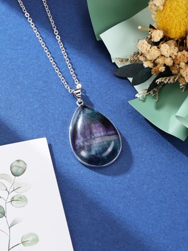Jovivi Rainbow Fluorite Crystal Teardrop Pendant Necklace Natural Healing Stone Reiki Quartz Gemstone Necklace Jewelry for Women Men
