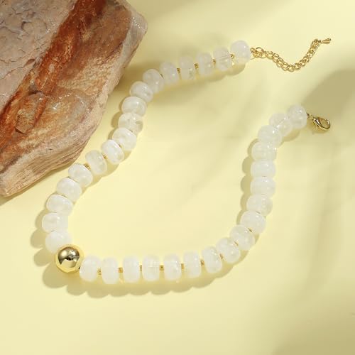 Badu Colorful Chunky Beaded Choker Necklace, Acrylic Colorful Bead Statement Necklaces, Adjustable Summer Beach Jewelry Gift for Women - color: White