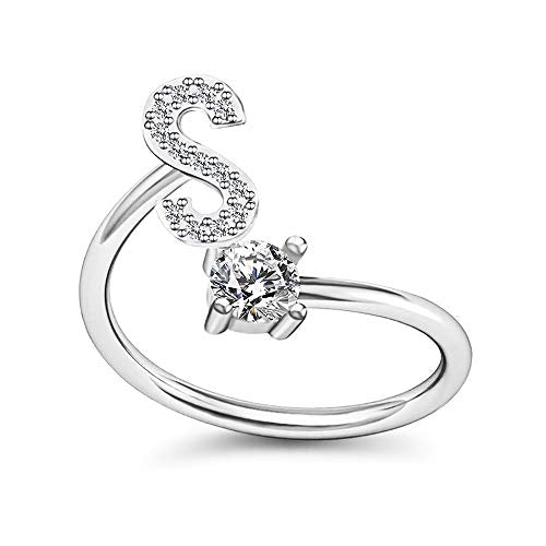 FUTIMELY Initial Letter Ring Alphabet Ring A-Z Silver Crystal Open Adjustable Personalized Initial Ring for Women - style: S