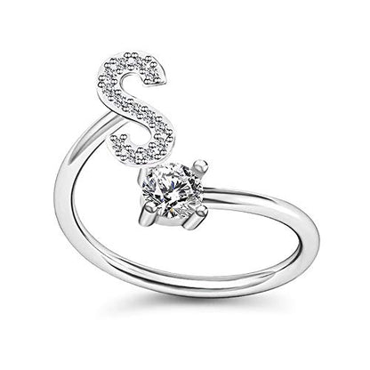 FUTIMELY Initial Letter Ring Alphabet Ring A-Z Silver Crystal Open Adjustable Personalized Initial Ring for Women - style: S