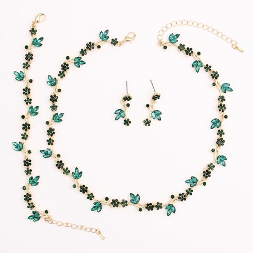 Brides Bridesmaid Flower Leaf Choker Necklace Dangle Earrings Link Bracelet Austrian Crystal Wedding Jewelry Set for Prom Costume Party Accessories for Woman - color: Emerald-Gold Plated