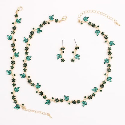 Brides Bridesmaid Flower Leaf Choker Necklace Dangle Earrings Link Bracelet Austrian Crystal Wedding Jewelry Set for Prom Costume Party Accessories for Woman - color: Emerald-Gold Plated