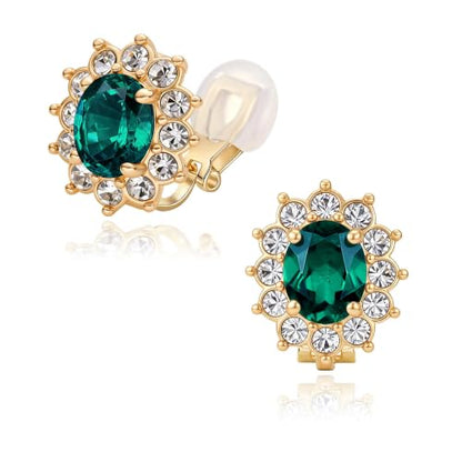 EVEVIC Oval Austrian Crystal Halo Clip On Earrings for Women | Oval Austrian Crystal with Zircon Halo,14K Gold-Plated,Silicone Comfort Pad,Gift Box Included,For Daily and Evening Events - color: Emerald Green