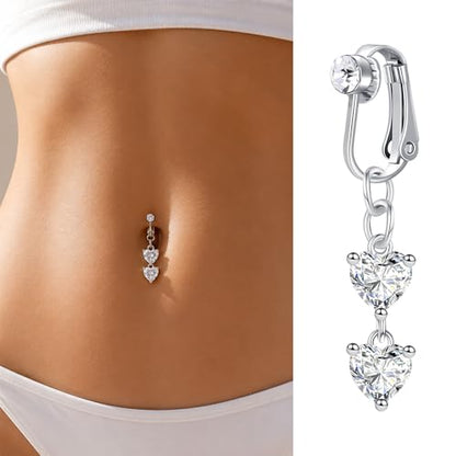 Zolure Gold/Silver Fake Belly Ring 3PCS Clip on Belly Button Rings Surgical Steel Non Piercing Navel Ring Devil Butterfly Clear CZ Dangle Fake Belly Piercing Jewelry with Pain Reducing Silicone Pad - color: silver