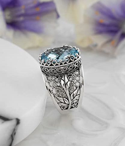 Filigranist 925 Sterling Silver Filigree Art Lace Embroidery Tulip Detailed Gemstone Women Cocktail Ring, Luxurious Gift Boxed - color: Blue Topaz