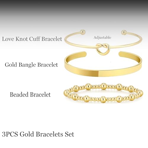 HERIER Gold Bracelets for Women 18k Gold Plated Bracelet Stack Bangle Cuff Bracelet Set for Women Non Tarnish Beaded/Paperclip/Cuban Link Chain Bracelets Jewelry for Women Trendy - style: Bangle Cuff Bead3-Gold