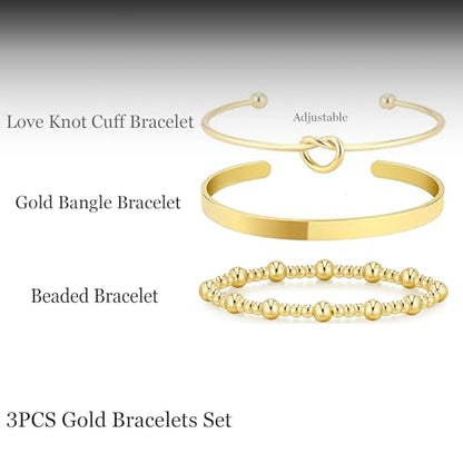 HERIER Gold Bracelets for Women 18k Gold Plated Bracelet Stack Bangle Cuff Bracelet Set for Women Non Tarnish Beaded/Paperclip/Cuban Link Chain Bracelets Jewelry for Women Trendy - style: Bangle Cuff Bead3-Gold