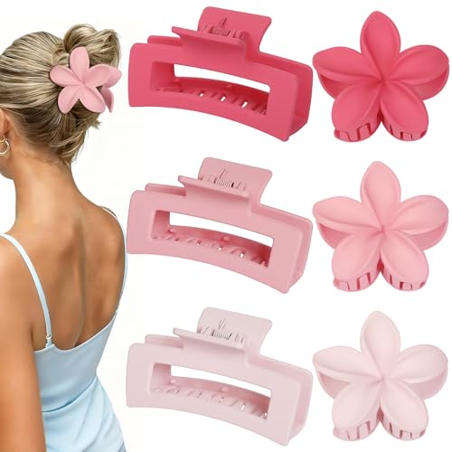 Flower Hair Clips for Women, Square Claw Clips for Girls 6 PCS - Light Pink | 2 Styles Hair Claw Clips for Thick or Thin Hair Hawaiian Hibiscus Rectangle Large Plumeria Medium Hair Accessories for Women - color: Light Pink
