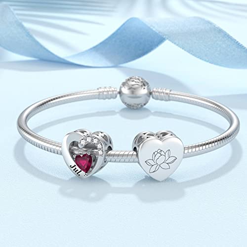SEVENWELL Jan-Dec Birthstone Charms for Pandora Bracelets, Heart Charm | Fits Most European Charm Bracelets, Sparkling Heart CZ, Birth Flower Engraved, Gift Ready, Nickel-Free - color: July Birthstone Charm
