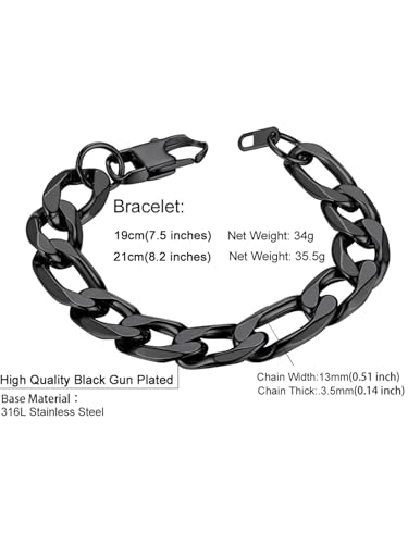ChainsHouse Figaro Link Chain Bracelet for Men Stainless Steel Jewelry | Black/ Gold Bracelets Men, 6/9/13mm Figaro Cuabn Bracelets 7.5"/8.3", Chunky Hip Hop Wrist Hand Chain Bracelet for Gift - color: i: 13mm-black