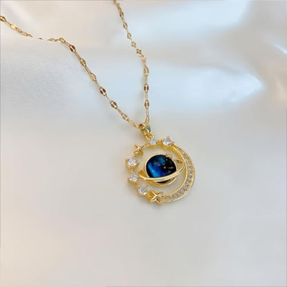Gold Moon Star Pendant Necklace, Celestial Design with Gemstone, Great Jewelry for Women Daily Wear