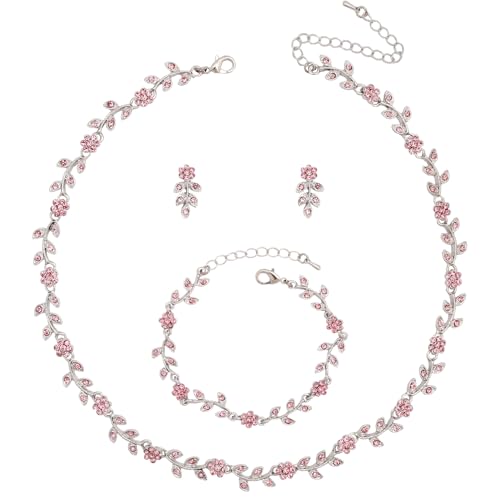 Austrian Crystal Rhinestone Choker Necklace Dangle Earring Link Bracelet Jewelry Set for Brides Bridesmaid Prom Costume Accessories for Women - color: Pink-Platinum Plated