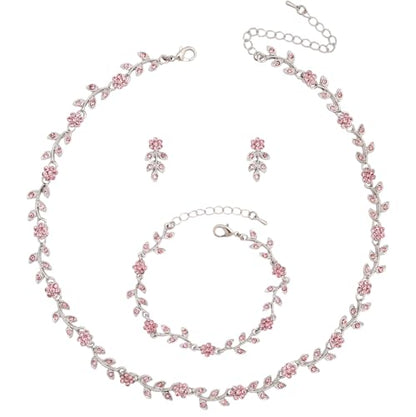 Austrian Crystal Rhinestone Choker Necklace Dangle Earring Link Bracelet Jewelry Set for Brides Bridesmaid Prom Costume Accessories for Women - color: Pink-Platinum Plated
