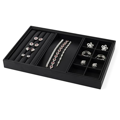 Oirlv Leather Multi-Function Jewelry Tray Black | Versatile Compartments for Rings/Earrings/Bracelets, Stackable Design - style: P01708