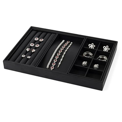 Oirlv Leather Multi-Function Jewelry Tray Black | Versatile Compartments for Rings/Earrings/Bracelets, Stackable Design - style: P01708