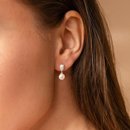 YOIHUR Drop Dangle Pearl Earrings for Women, Dainty 14K Gold Plated Pearl Hoop Earrings Hypoallergenic Wedding Pearls Dangle Earrings Jewelry Gift for Women Bridal - color: Gold-Gentle and Elegant Pearl Earrings