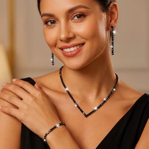 Unicra Rhinestone Bridal Wedding Jewelry Set Silver Necklace Earrings Bracelet Sets Prom Formal Costume Jewelry Sets for Women and Brides - color: Black