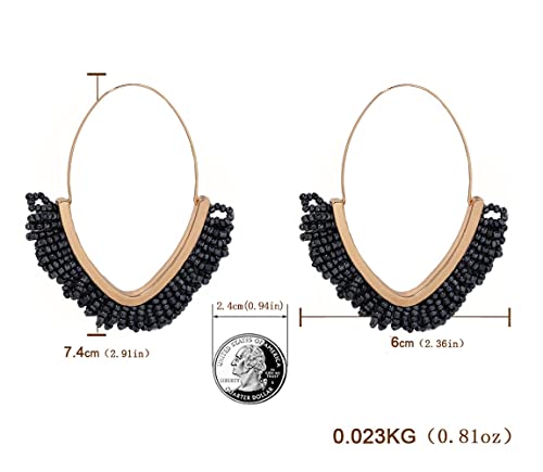 V-Shaped Beaded Dangle Earrings - Statement Drop Fringe Earrings, Boho Handmade Tassel Jewelry Gift for Women - color: Black