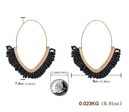 V-Shaped Beaded Dangle Earrings - Statement Drop Fringe Earrings, Boho Handmade Tassel Jewelry Gift for Women - color: Black