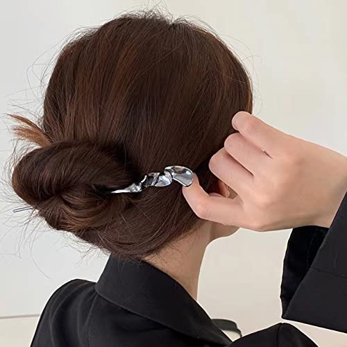2Pcs Chinese Hair Sticks for Women, Silver Black Metal Bun Hairpin, 2Pcs | Chinese hair chopsticks for women, silver hair stick,metal hairpin, bun hairstyle headwear