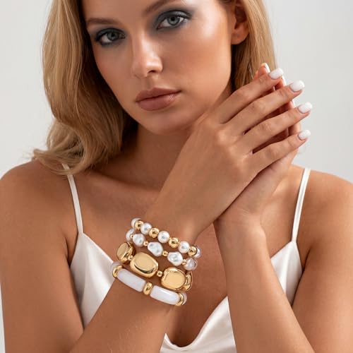 GOOJIDS Simple Beaded Gold Plated Bangles Bracelet Chunky Bamboo Tube Curved Stacking Clear Acrylic Colorful Beads Stretchable Gold Plated Bracelets Set For Women - color: T Chunky Gold Beads Set