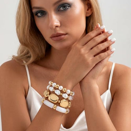 GOOJIDS Simple Beaded Gold Plated Bangles Bracelet Chunky Bamboo Tube Curved Stacking Clear Acrylic Colorful Beads Stretchable Gold Plated Bracelets Set For Women - color: T Chunky Gold Beads Set