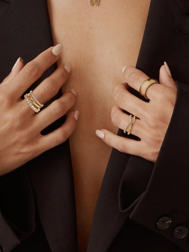Stackable Gold Rings for Women Non Tarnish Dainty 14K Gold Plated Band Rings Cubic Zirconia Thumb Ring Trendy Statement Stacking Rings Set Promise Wedding Bands Engagement Rings Size 6-10 - color: 14K Gold Plated