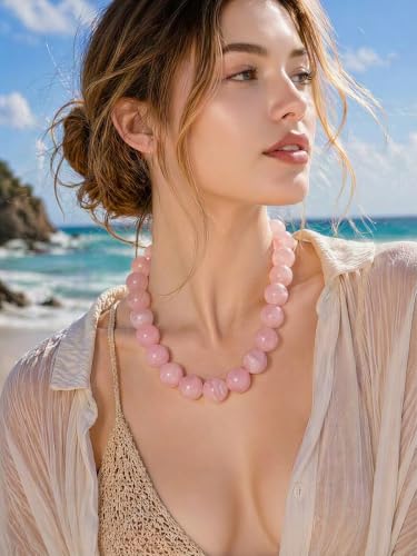 Chunky Beaded Necklaces for Women Statement Necklace | Bold Chunky Choker, Large Resin Beads, Adjustable Necklace, Boho Trendy Summer Beach Holiday Jewelry - color: Pink-03