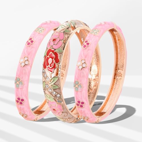 UJOY Womens Multi-Colors Cloisonne Bracelet Plated Flower Hollowed Enameled Hinged Cuff Bangles Jewelry Gift 88A10 - color: C06-3 Pcs Set-Cream Pink