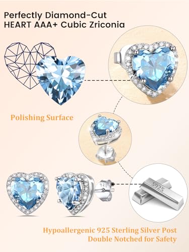 Bestyle Authentic 925 Sterling Silver 2 Carat Birthstone Earrings for Women, More Sparkle Heart/Round Solitaire Diamond Studs Earrings, Great Birthday/Christmas/Anniversary Jewelry for Wife Mother - color: 03. Mar. Aquamarine-Heart