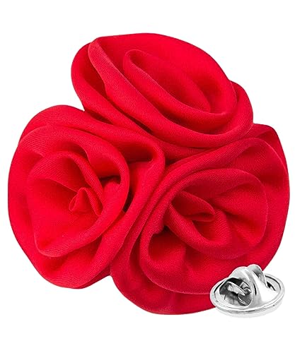 Premium Trio Cluster Flower Lapel Pin - Formal Boutonniere for Men, Flower Brooch Pin - color: Red