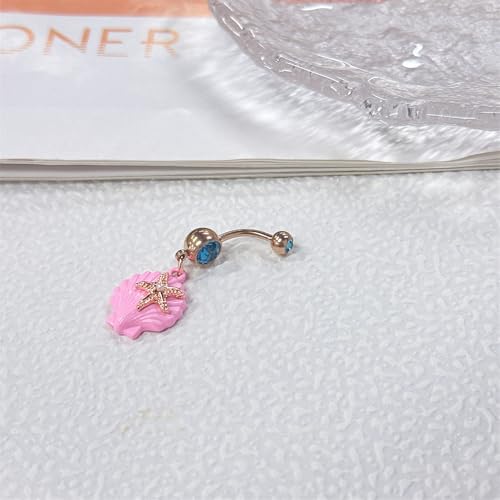 14G Pink Seashell Dangle Belly Button Ring, Blue Cubic Zirconia Crystal Starfish Belly Rings Stainless Steel Navel Barbell Piercing Jewelry for Women